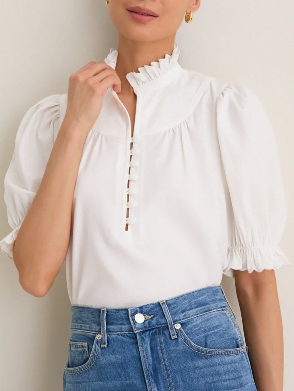 Pomander PLACE White Ruffle Collar Puff Sleeve Blouse